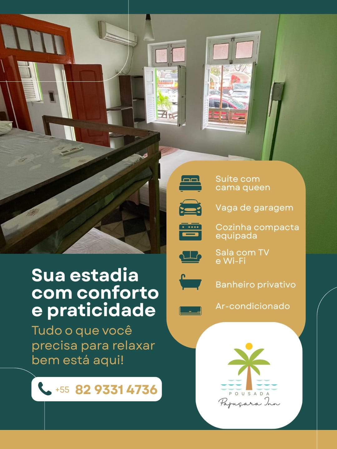 Quarto com beliche, ar-condicionado e janelas amplas