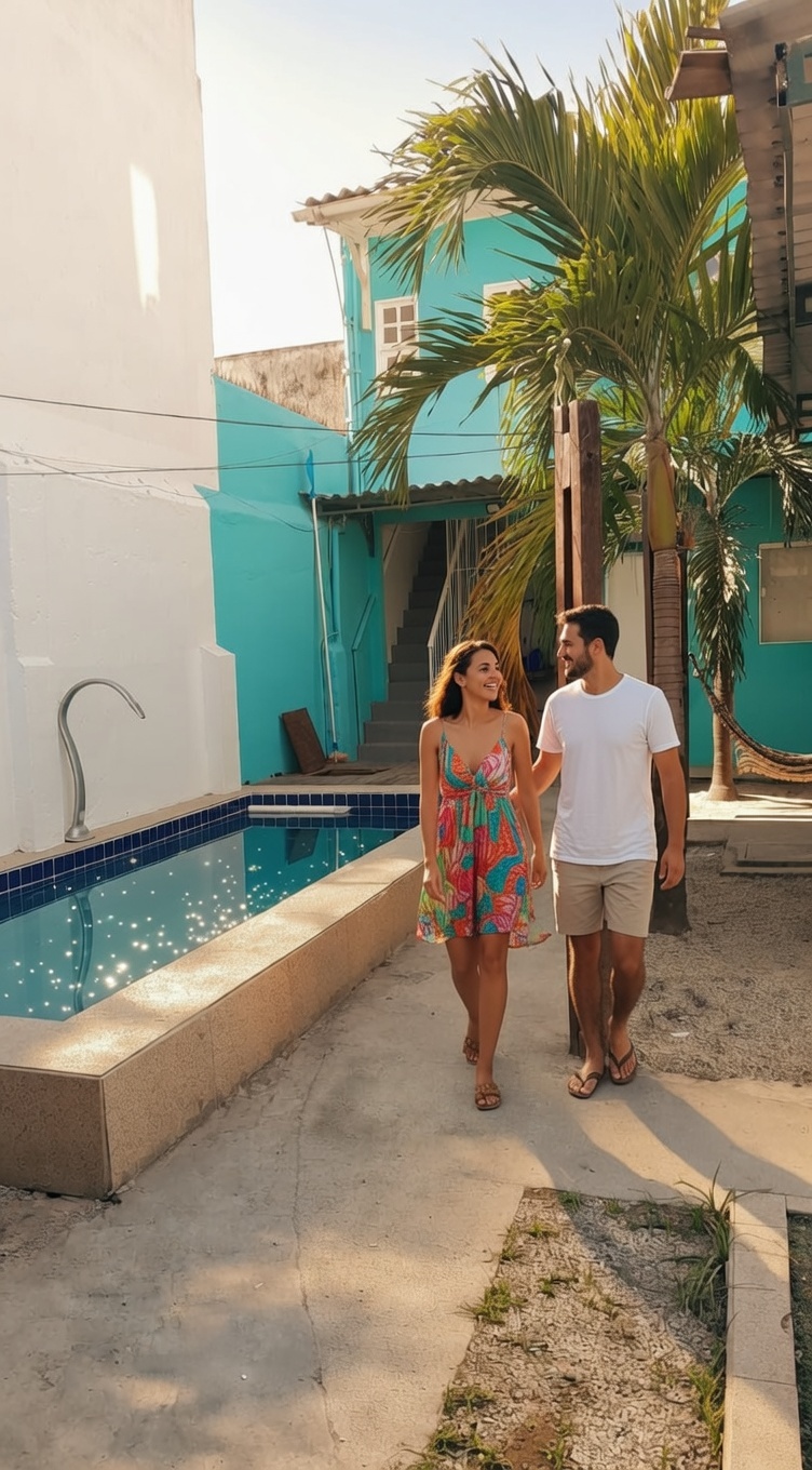 Casal caminhando ao lado da piscina da pousada