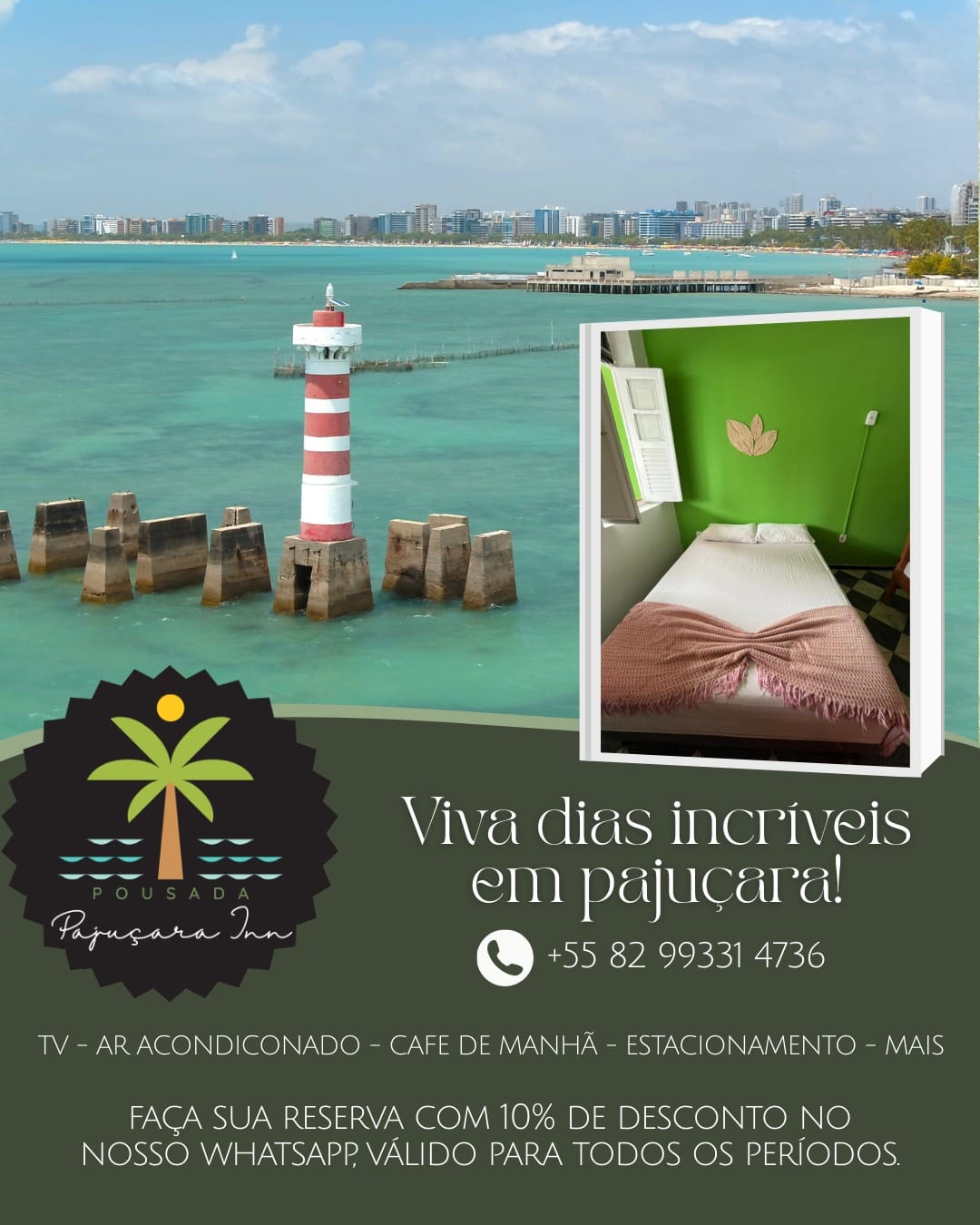 Farol de Ponta Verde e quarto com cama de casal